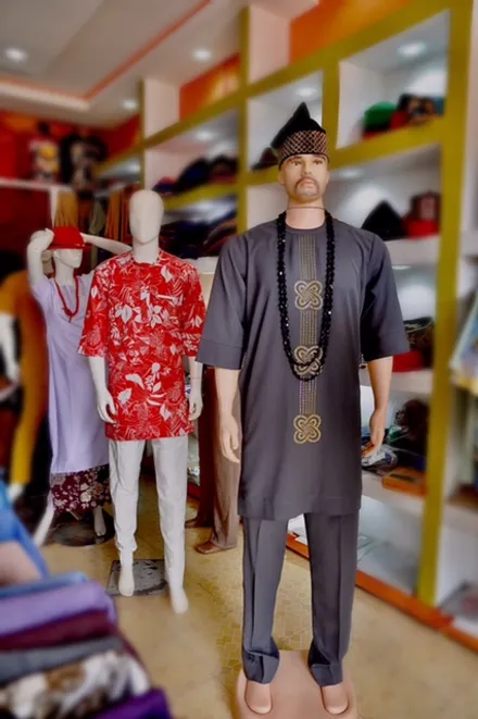 SND Clothing Design charcoal beaded agbada with cap, Collection 2026