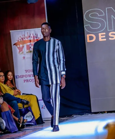 SND Clothing Design blue ikat ensemble on the FWG runway